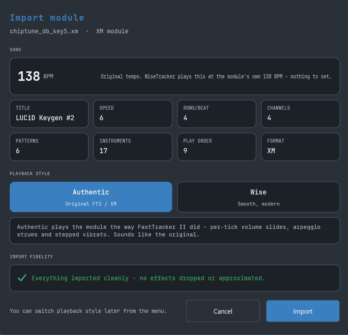 The WiseTracker module import box: song tempo, speed, channels, patterns and instruments, an Authentic / Wise playback choice, and an import-fidelity report