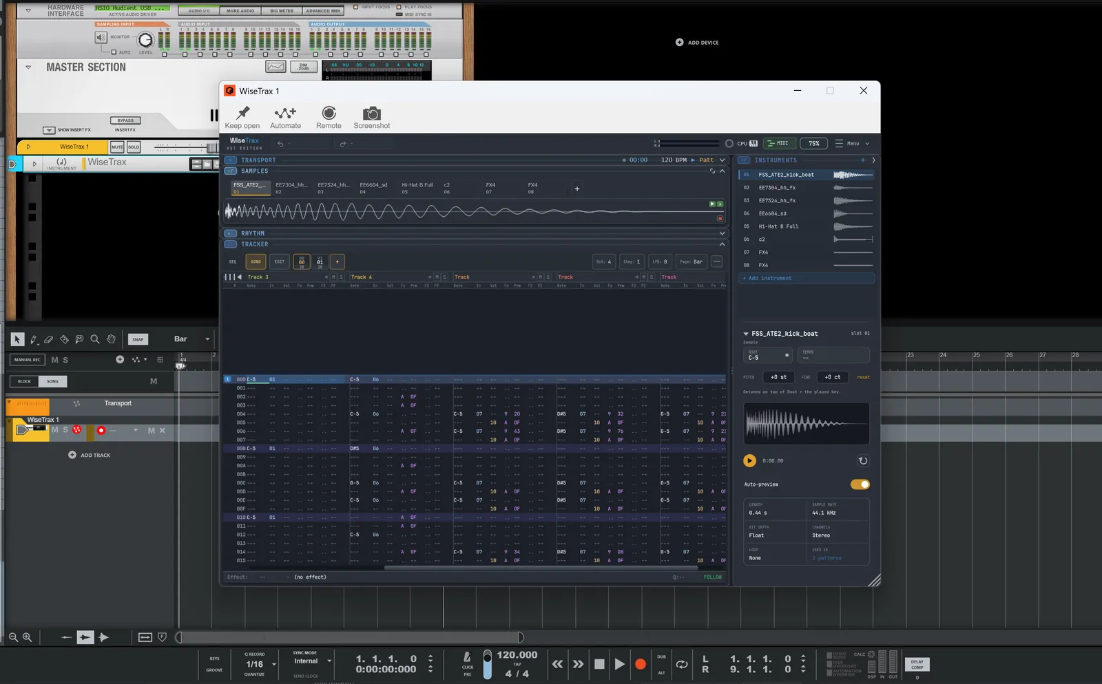 WiseTrax open as a VST3 instrument inside a DAW, floating over the host