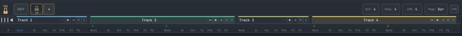 A multi-lane track in the WiseTracker grid: the track name centred over several numbered note lanes, each with its own Note, In and Vol columns