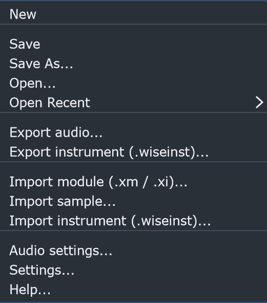 The WiseTracker file menu: New, Save, Open, Export audio, Export instrument, Import module and sample
