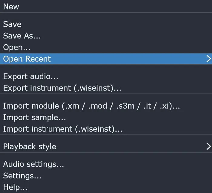 The WiseTracker file menu: New, Save, Open, Export audio, Export instrument, Import module, Import sample, Playback style and settings