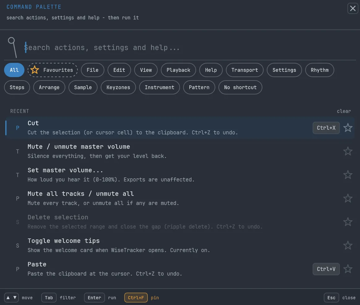The WiseTrax command palette (Ctrl+P): a search box, filter chips for File / Edit / View and more, and a list of actions each showing its keyboard shortcut