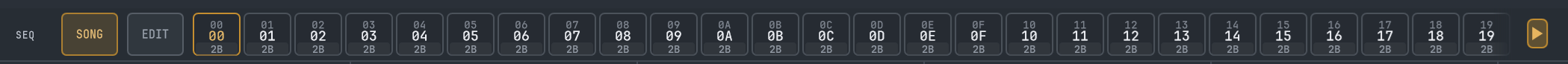 WiseTracker song sequencer: a row of chained pattern slots
