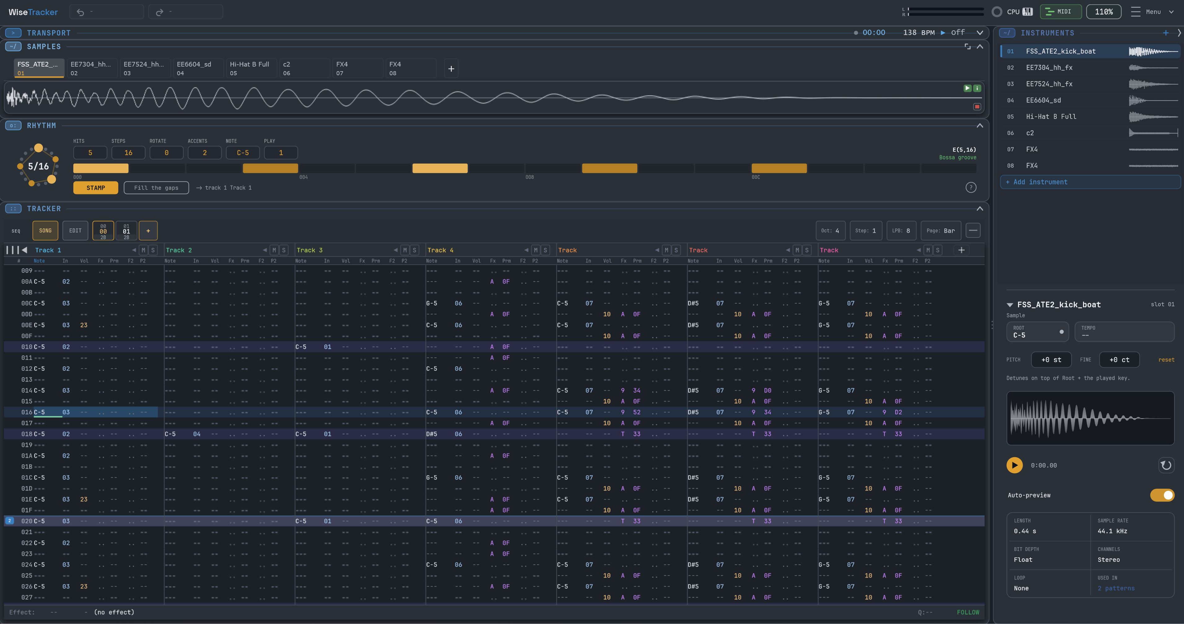 The WiseTracker standalone app: transport bar, sample lane, the rhythm generator, the tracker grid, and the instrument list with sample inspector
