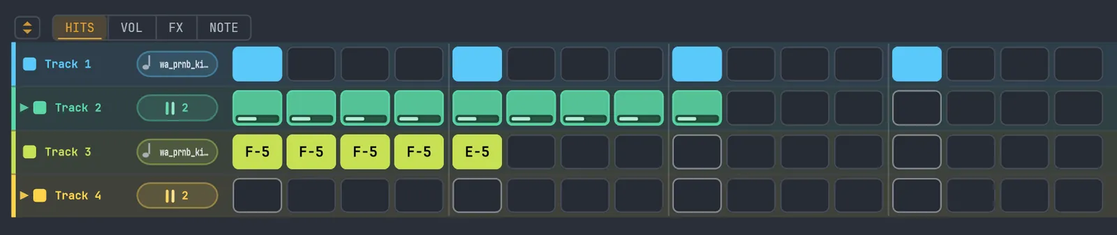 The STEPS step sequencer: rows of steps for each track and lane, a marked beat every four steps, the HITS / VOL / FX / NOTE edit-mode switch, and a pattern counter