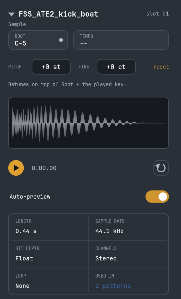 WiseTracker sample inspector: root note, Pitch and Fine, with length, rate, channels and loop