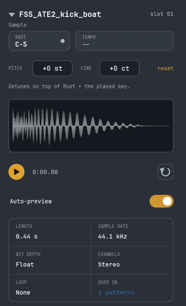 WiseTracker sample inspector: root note, Pitch and Fine, with length, rate, channels and loop