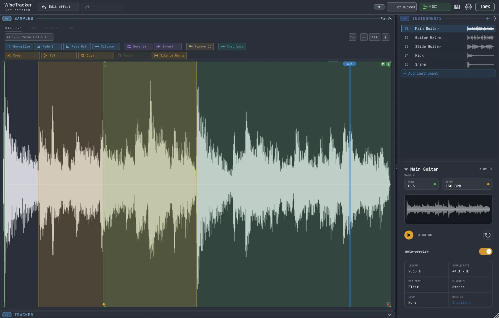 WiseTracker waveform editor with coloured slice regions and editing tools