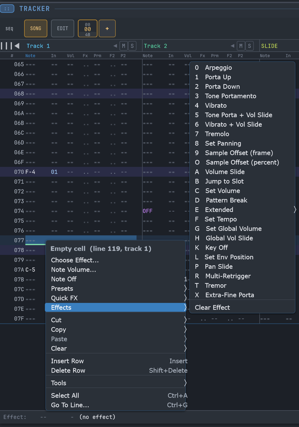 WiseTracker pattern editor with the effect-command menu open