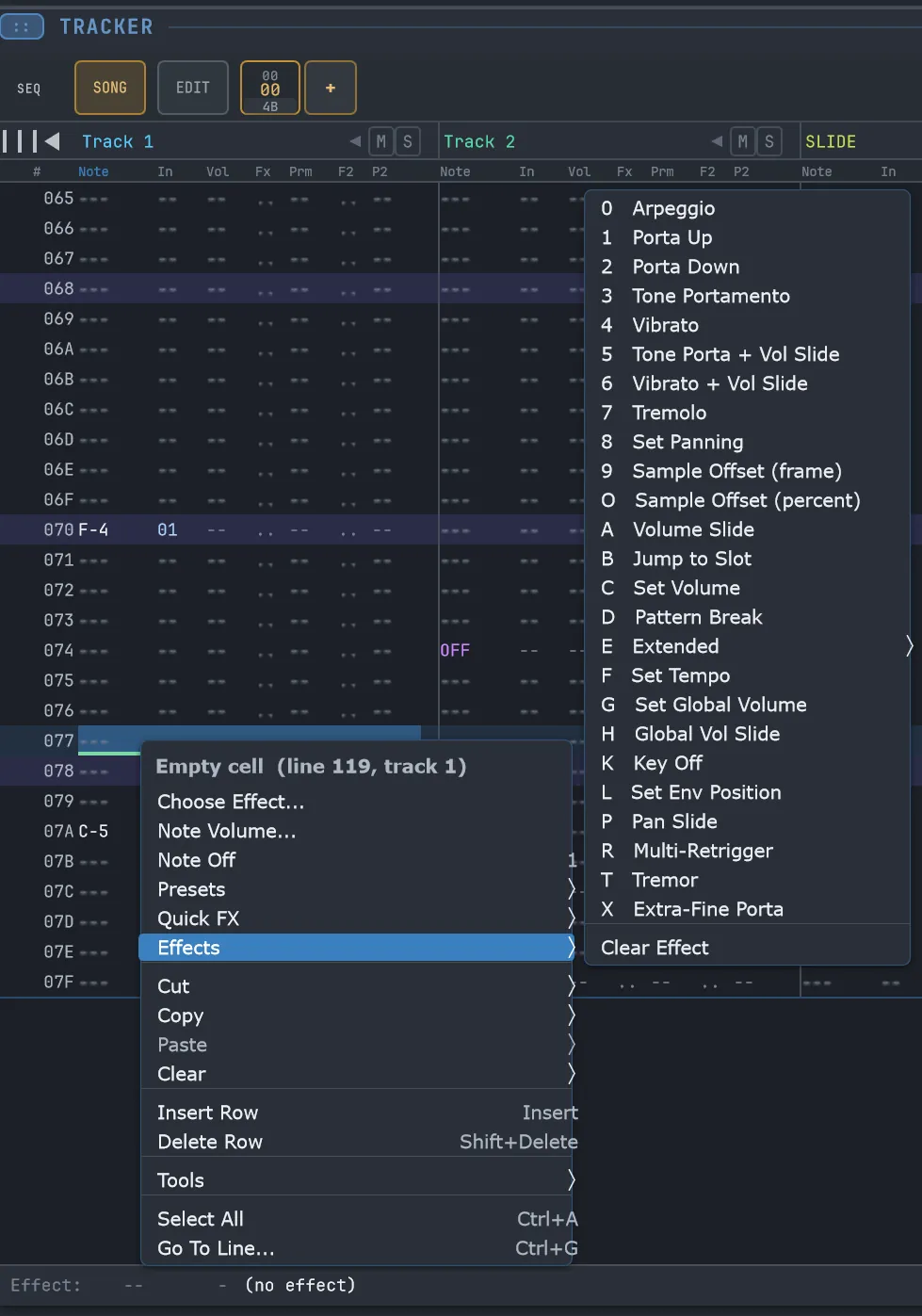 WiseTracker pattern editor with the effect-command menu open